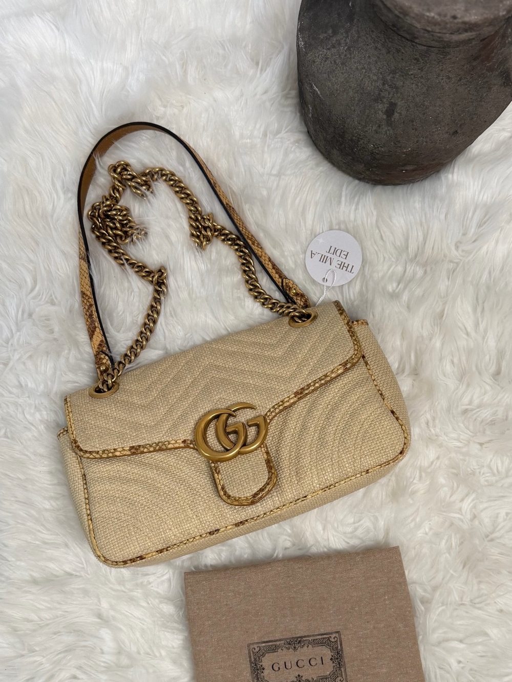 GUCCI GG MARMONT RAFFIA AND PYTHON BAG